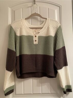 NO COMMENT  Colorblock Henley Waffle Knit Sweater in cream, sage and brown
